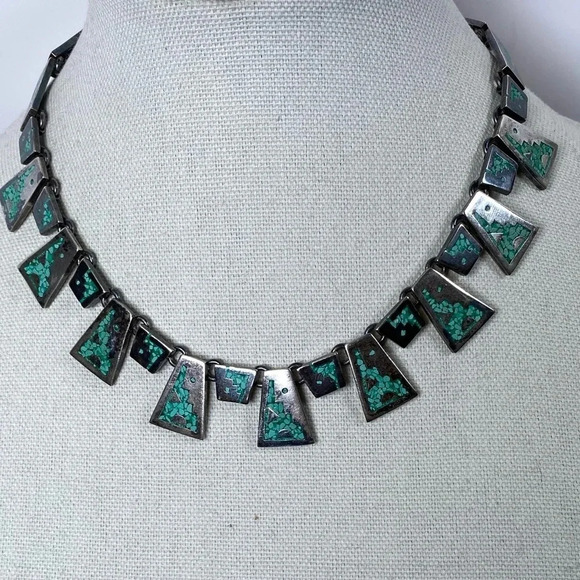 925 Vintage silver - Aztec style necklace with inlaid turquoise coloured stone - Picture 3 of 7